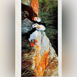 Puffin Art Print w/Orange/Black bkgrd NWOT includes original artist’s signature